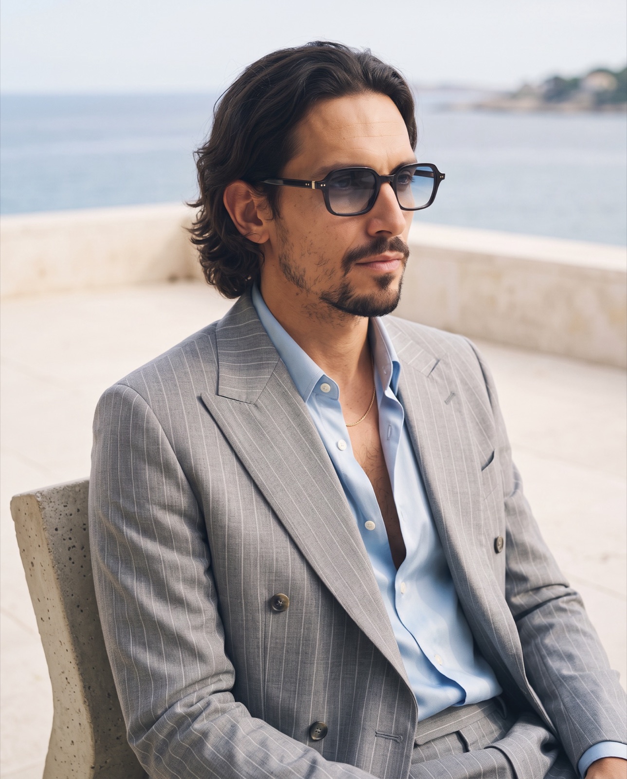 Man wearing square glasses in a cream blazer at an art-deco café