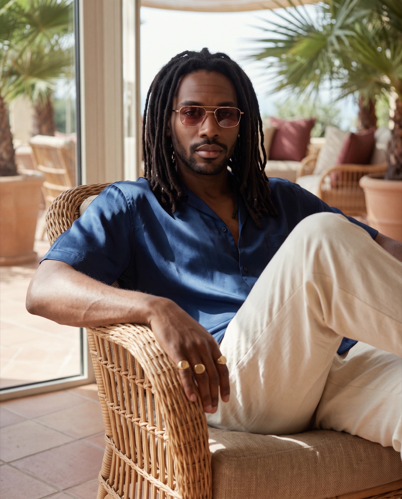 Man with long dreadlocks wearing rose-tinted aviator glasses on a sunlit terrace