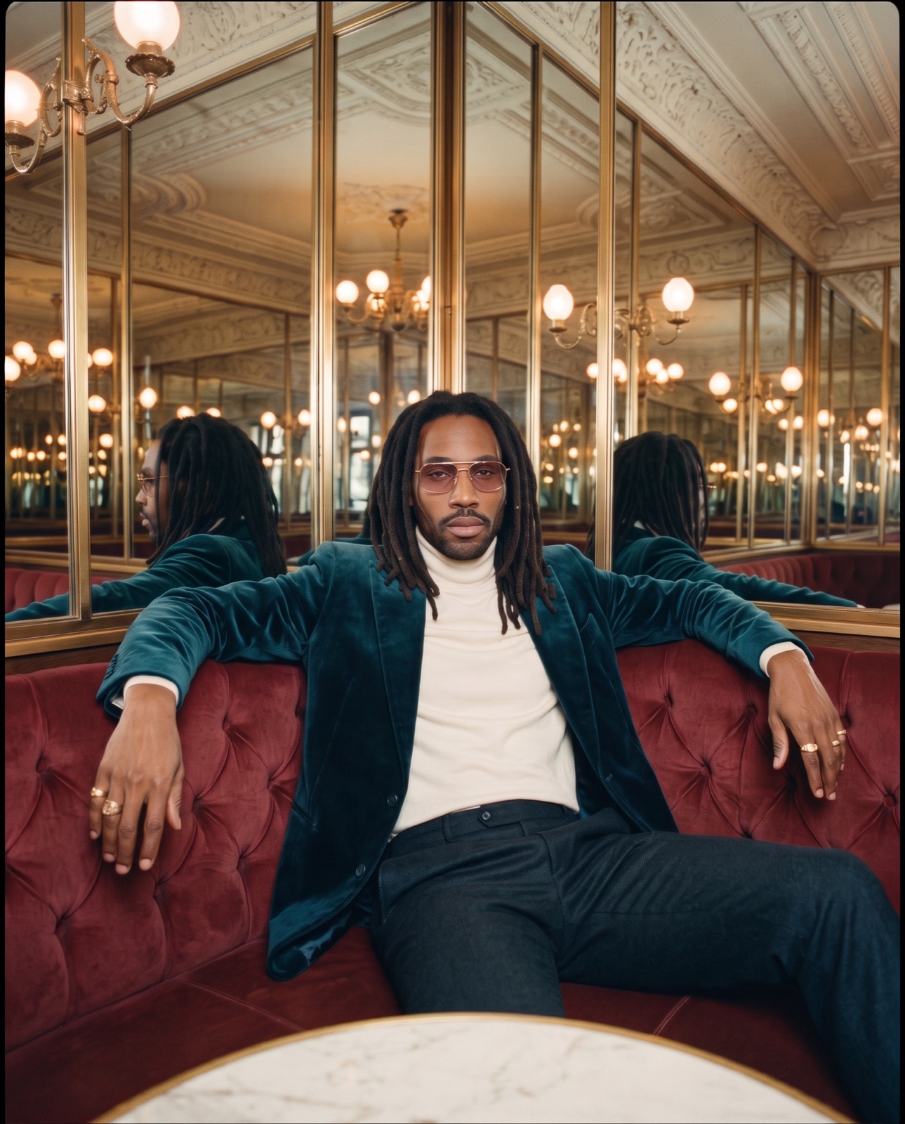 Man with long dreadlocks wearing rose-tinted aviator glasses in a mirrored dining room