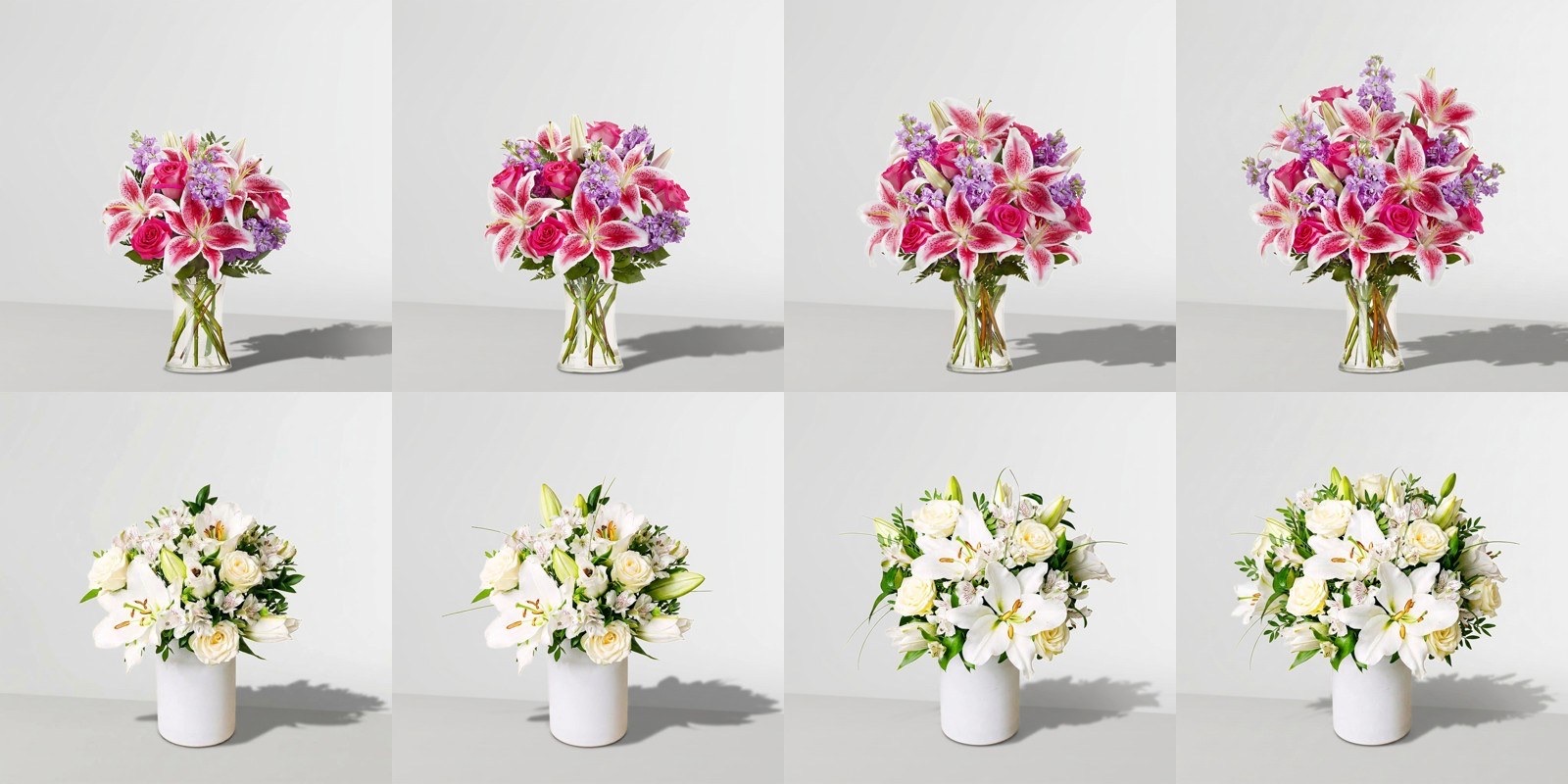 Grid of pink and white flower bouquet variations in glass and ceramic vases