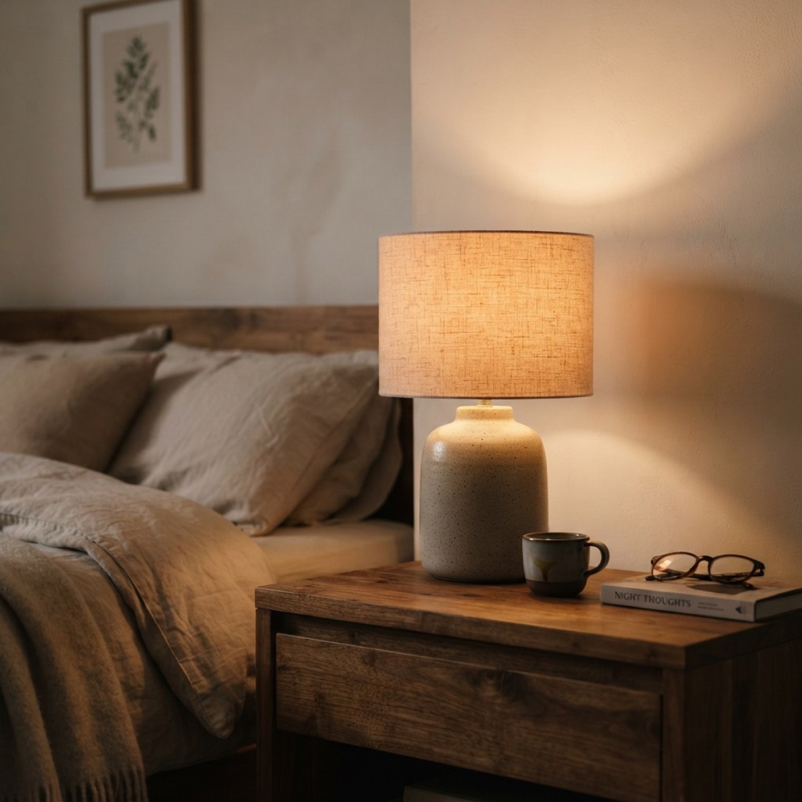 Ceramic bedside lamp glowing warm light next to a bed with linen bedding