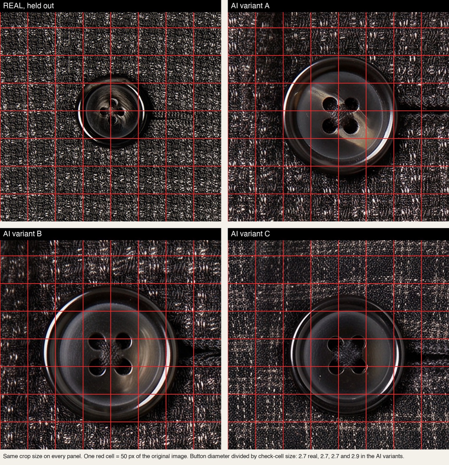 Blind test grid comparing a real blazer button macro photo against three AI-generated variants