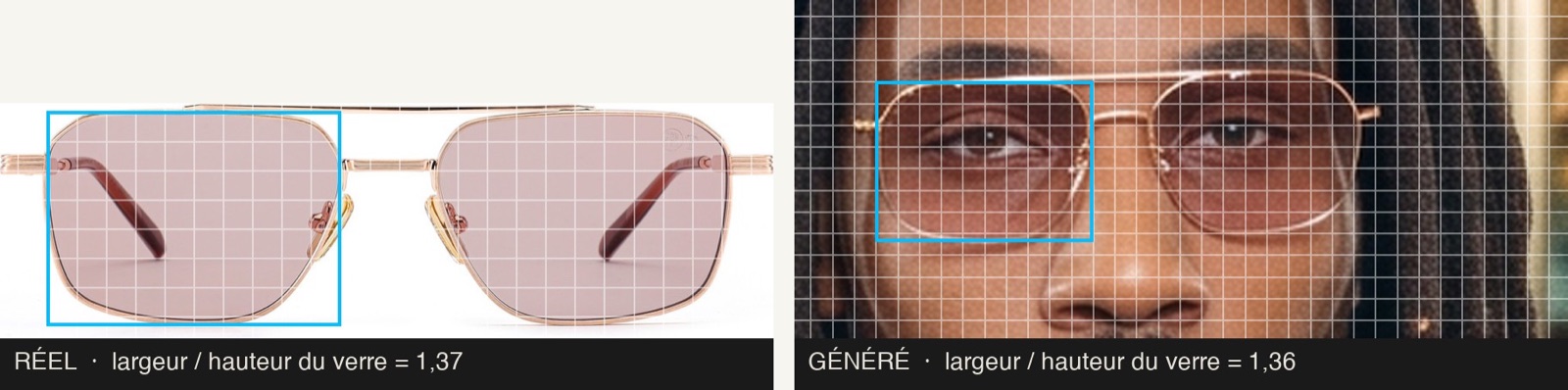 Real vs. AI-generated metal aviator eyeglass frame, lens width and height measured on a grid