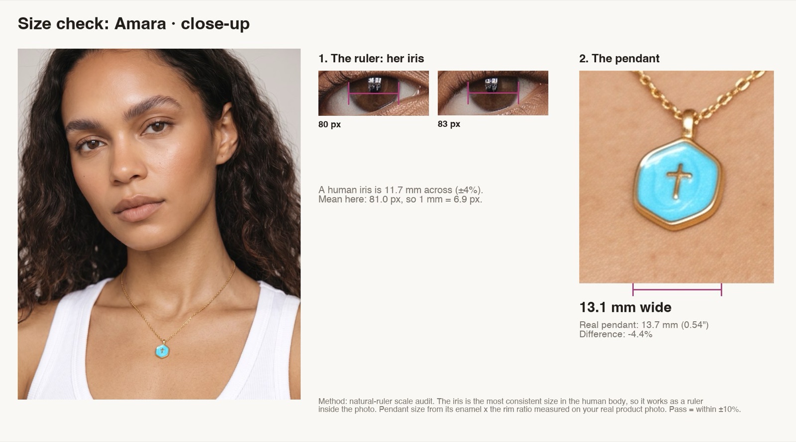 Gold pendant necklace on a model, size checked against the width of her iris