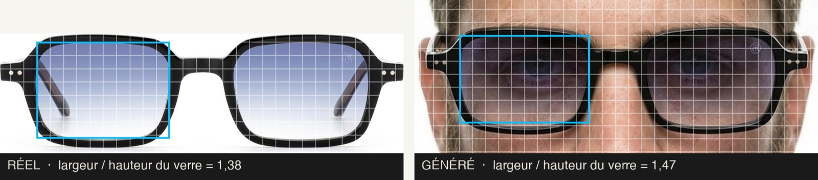 Real vs. AI-generated square acetate eyeglass frame, lens width and height measured on a grid