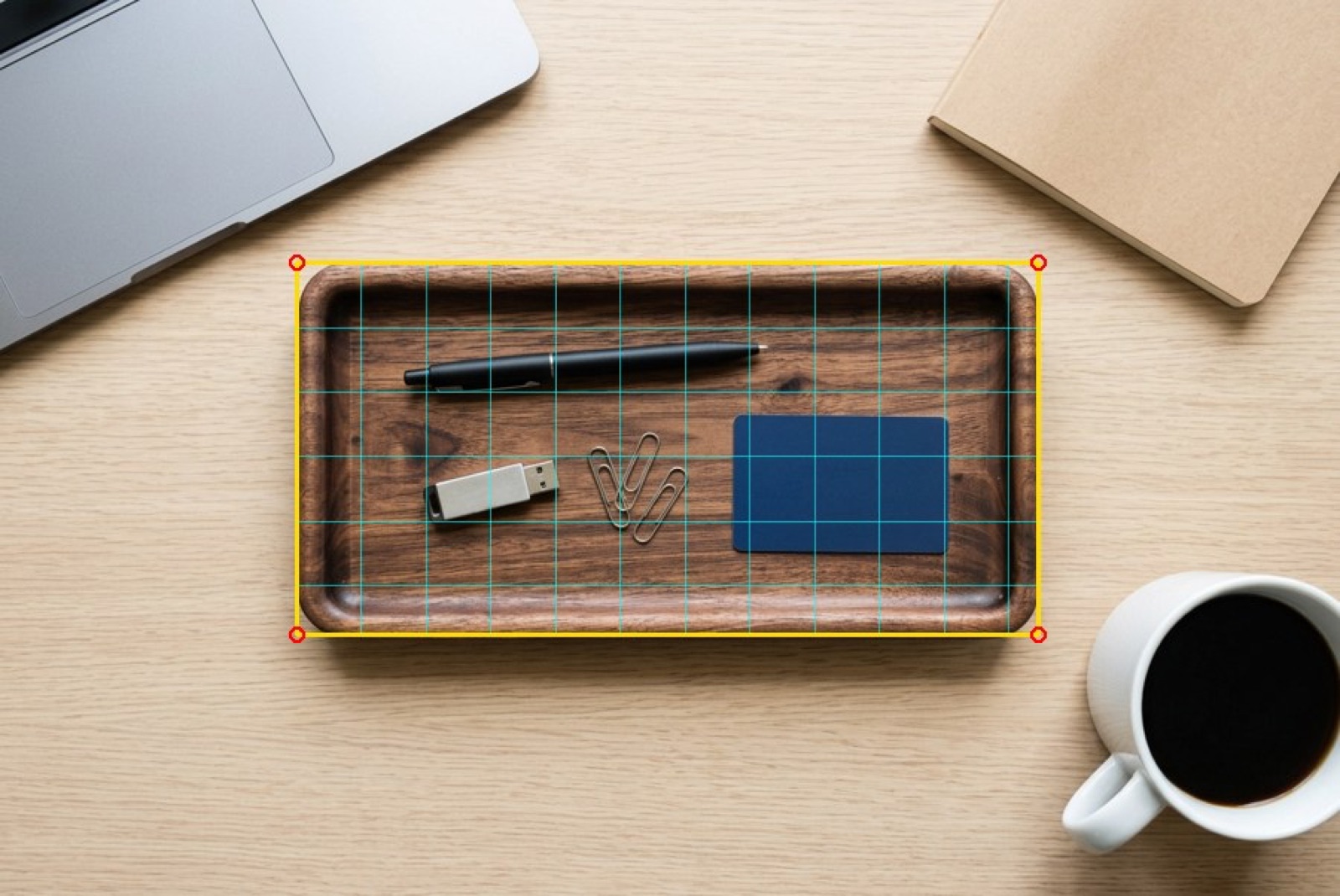First AI-generated attempt at a wooden desk tray, measured against the real product