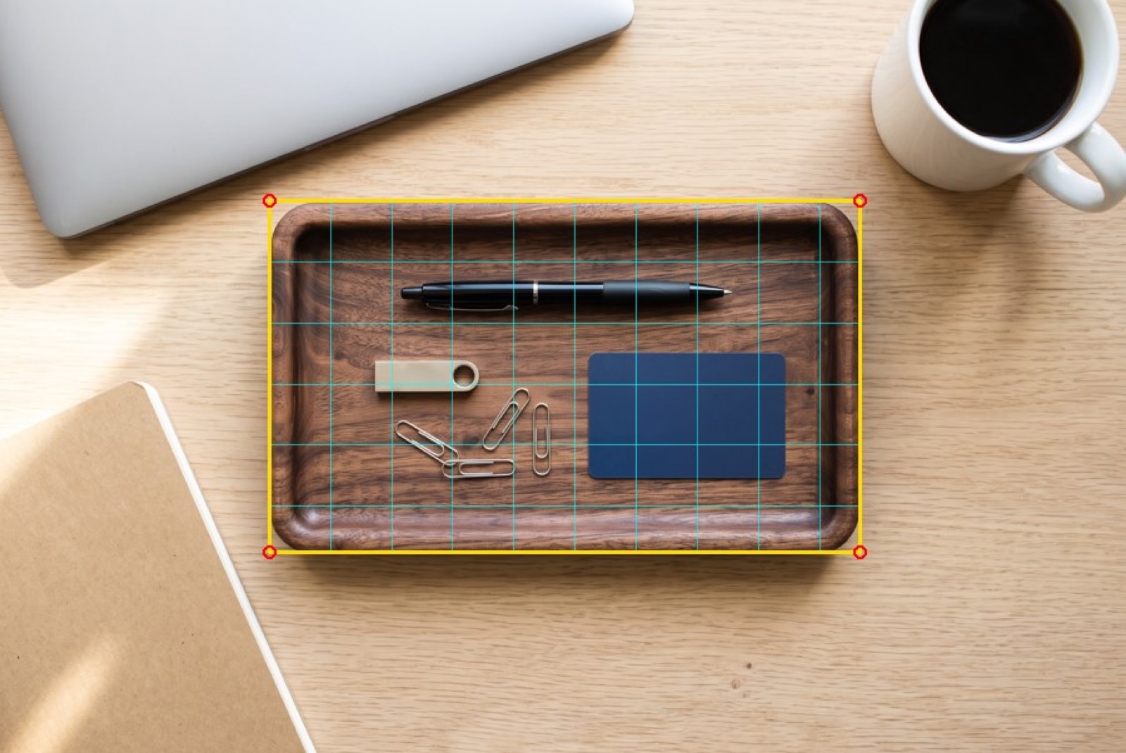 Final AI-generated wooden desk tray after correcting the proportions