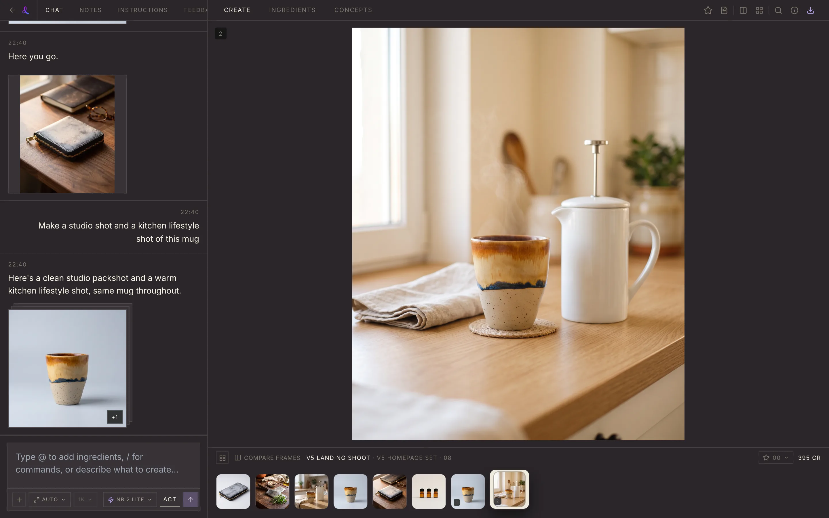 Awa chat: one request for a studio shot and a kitchen lifestyle shot of the mug, and the images it made