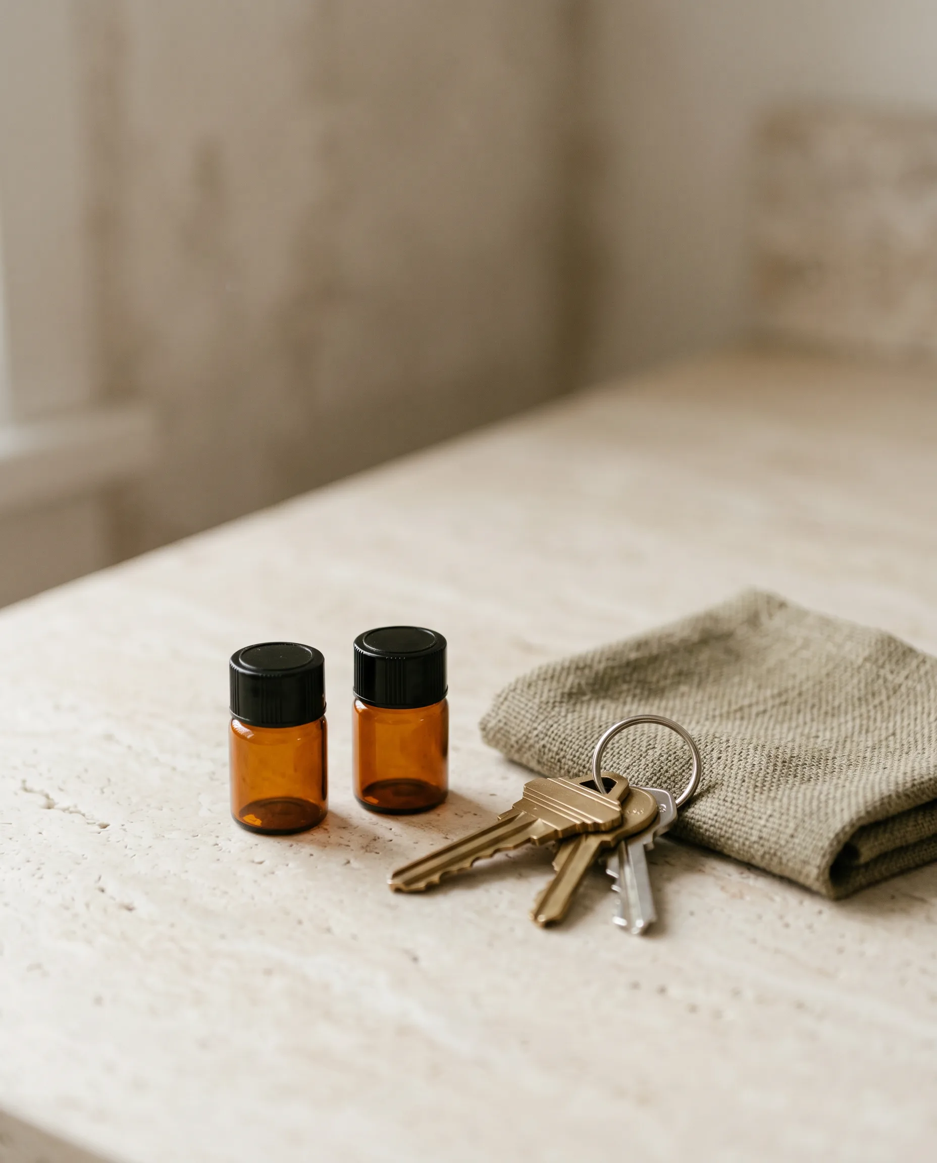 Round 2: two small squat vials beside a set of keys for scale, matching the reference's tiny size