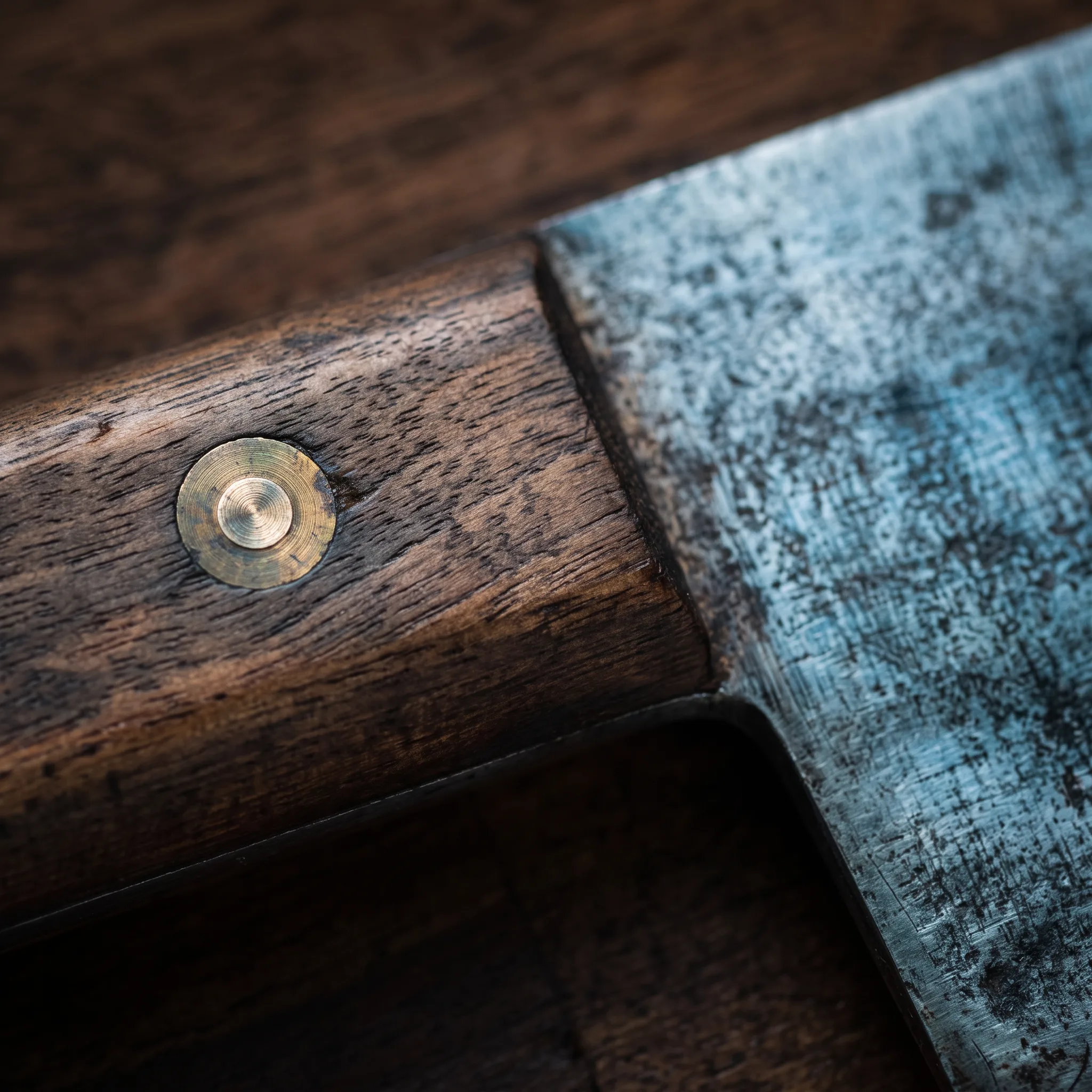 Macro detail of the cleaver's wood handle, brass rivet and steel bolster