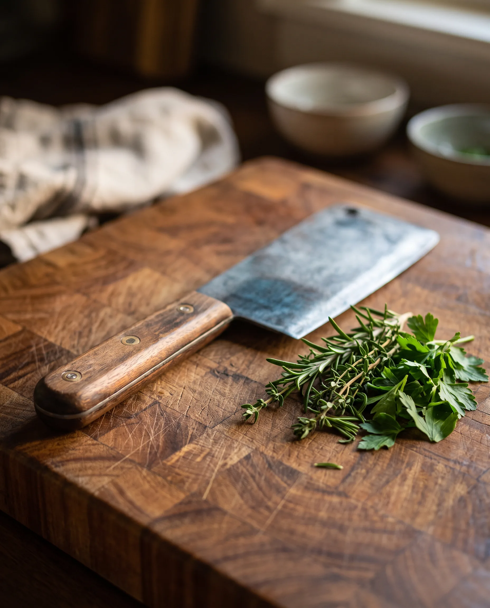 The cleaver resting on a rustic butcher block beside fresh herbs