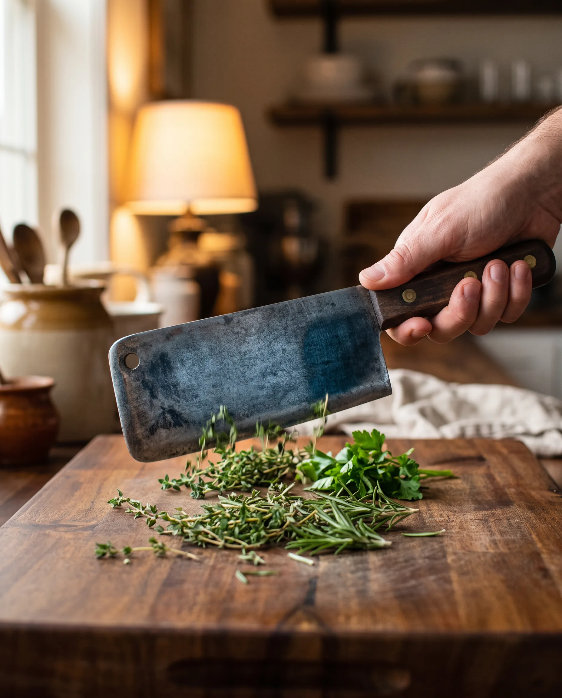 Round 2: a hand mid-chop with the cleaver, blue-grey patina and hanging hole verified against the reference