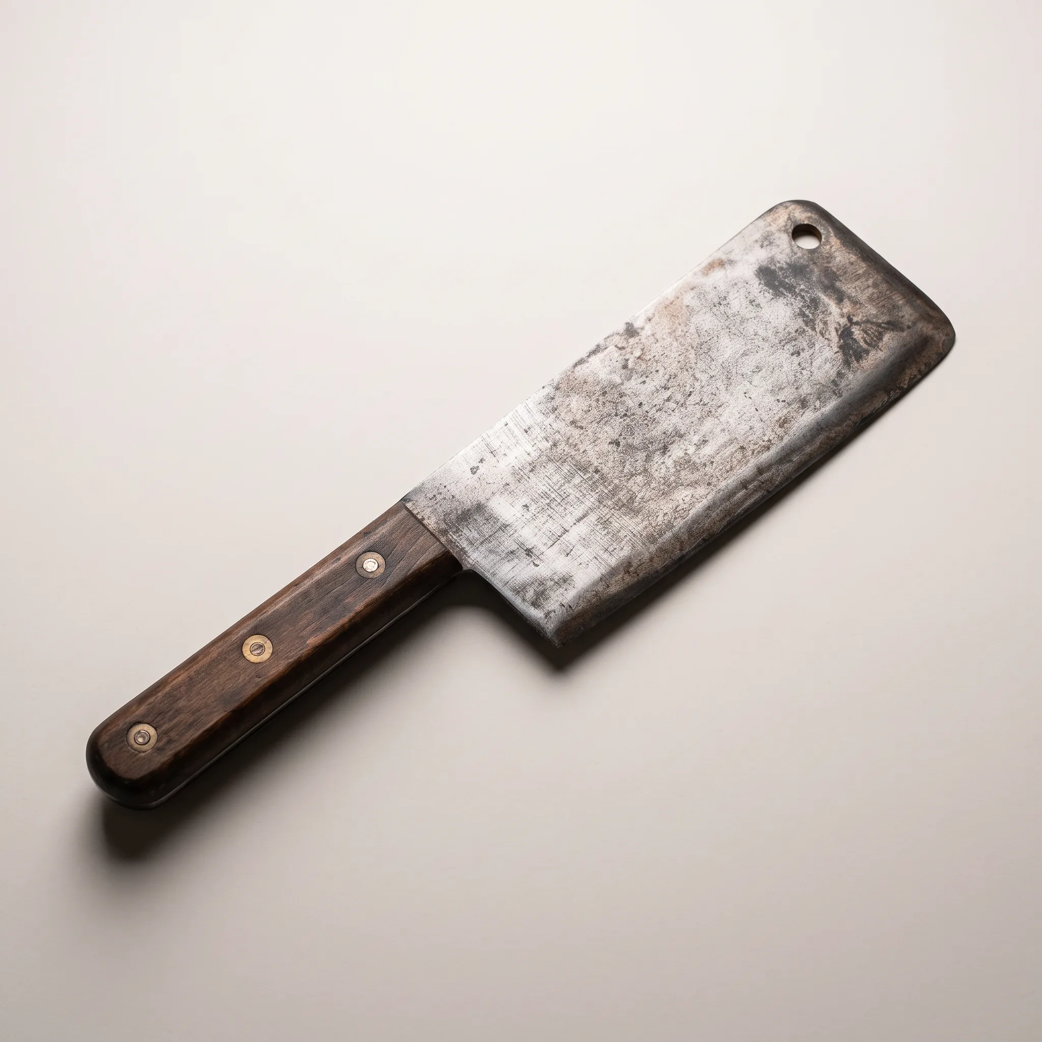 Studio shot of the wood-handled steel cleaver laid diagonally on a warm-grey backdrop