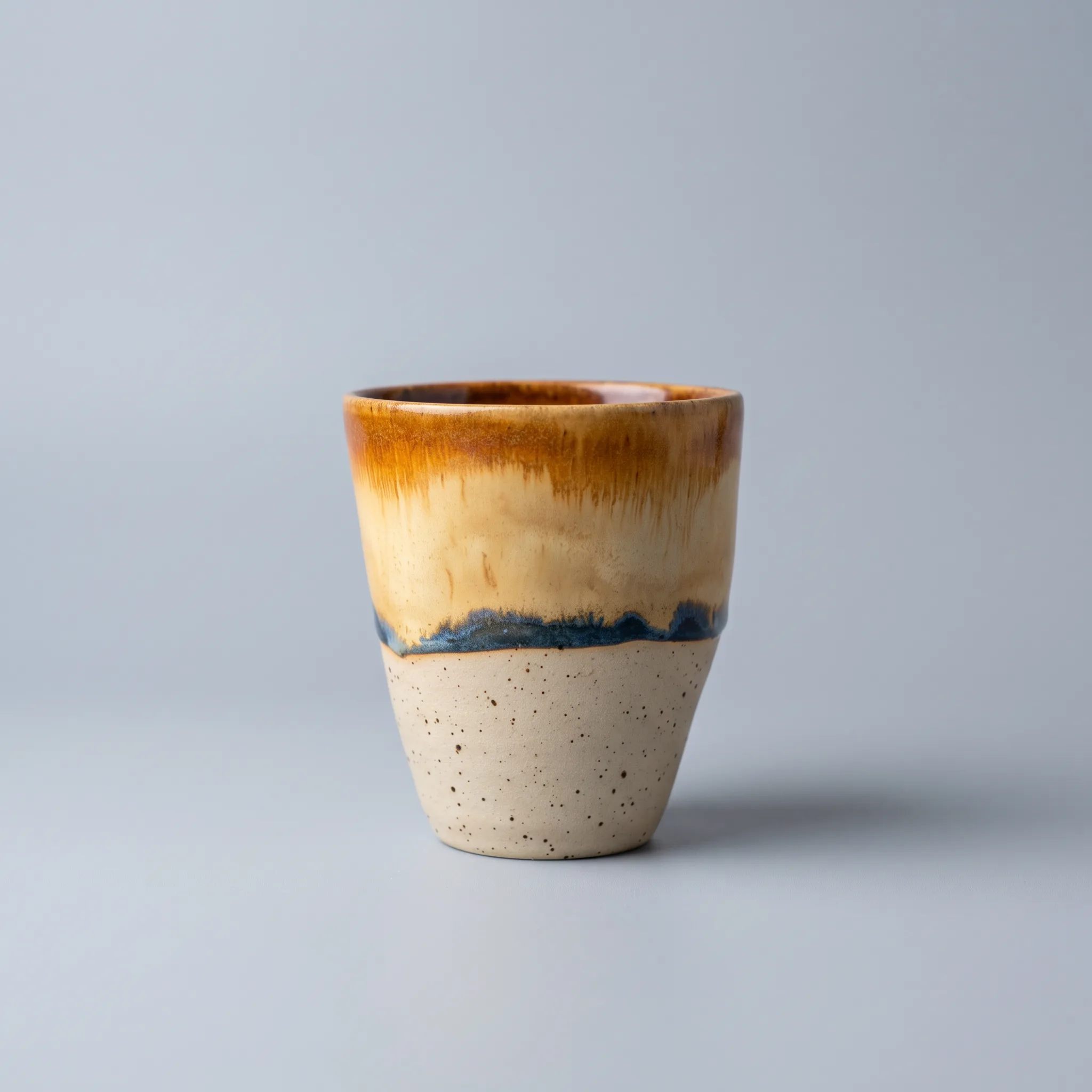 Alternate studio angle of the glazed stoneware mug on a sage-green backdrop