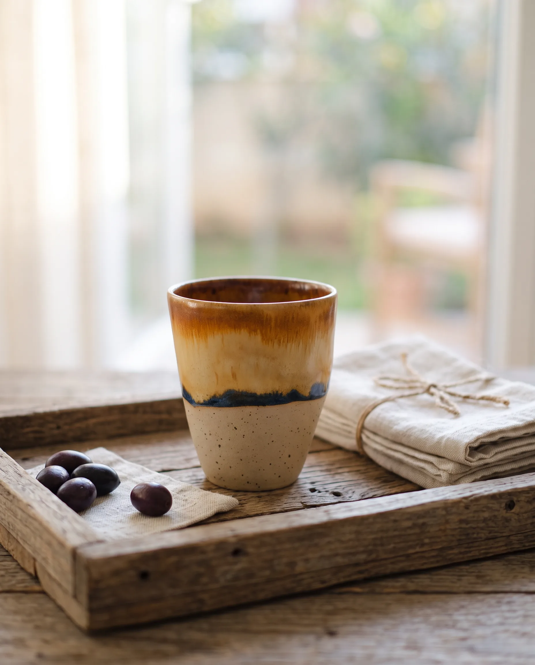 Round 2: the mug on a rustic wooden tray, glaze band width and height verified against the reference