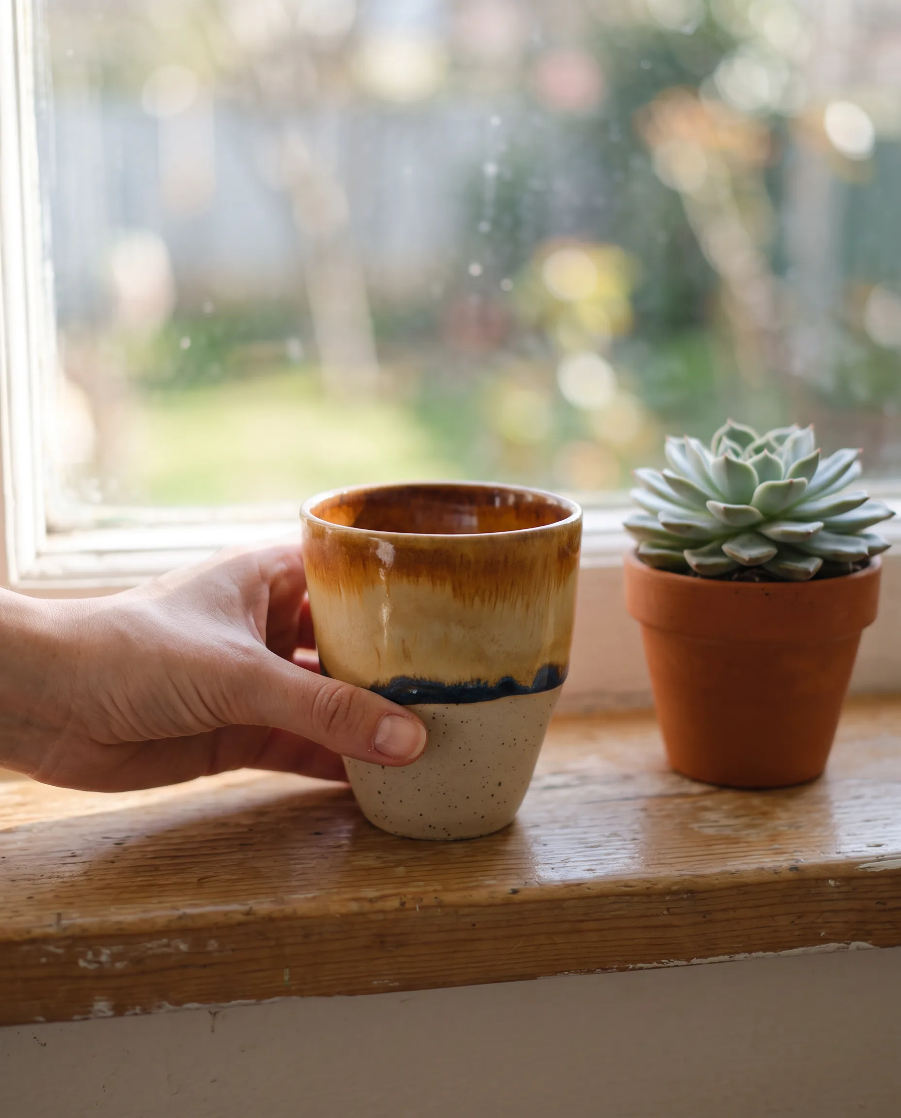Round 2: a hand setting the mug on a windowsill beside a succulent, glaze band width and height verified against the reference