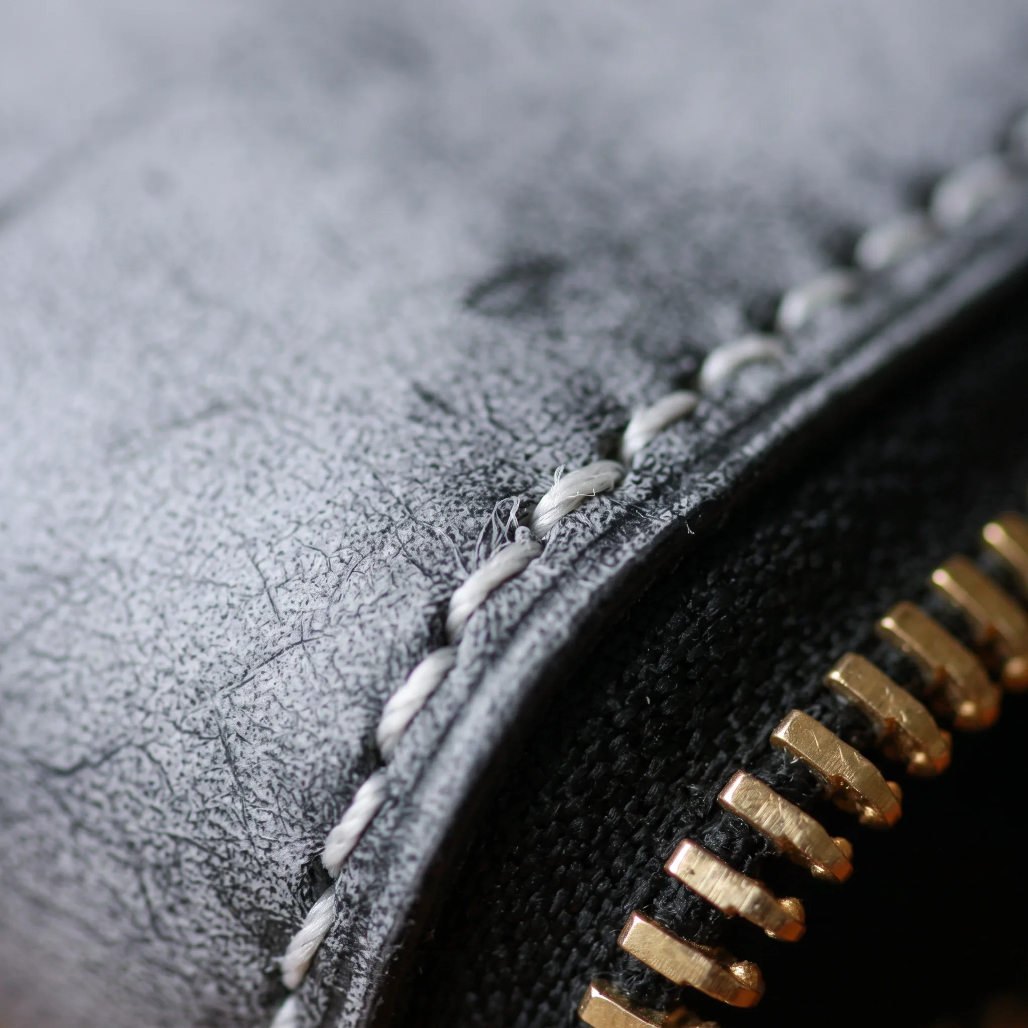Macro detail of the leather wallet's stitched corner and brass zipper
