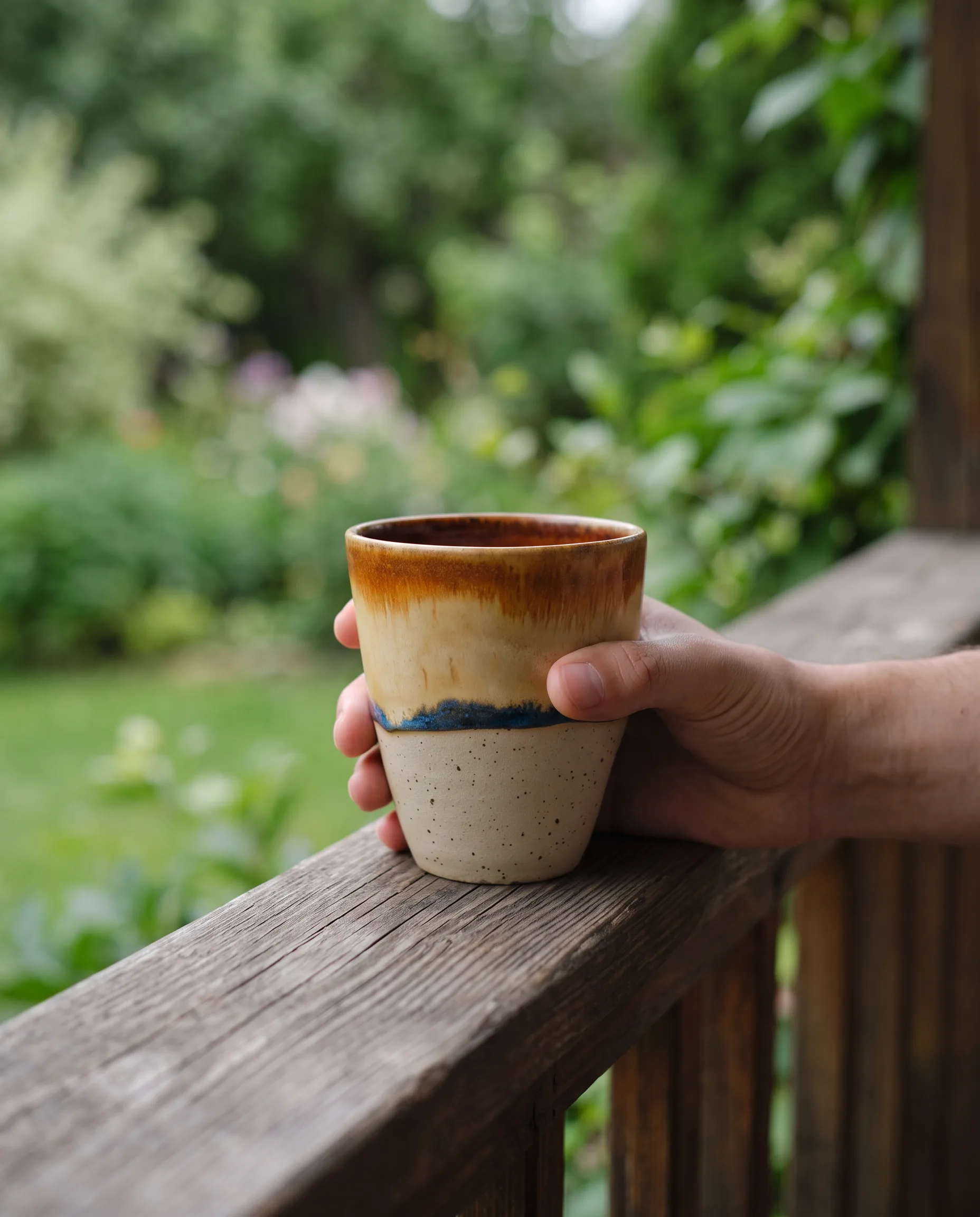 The mug held on a porch railing in overcast light, under client review