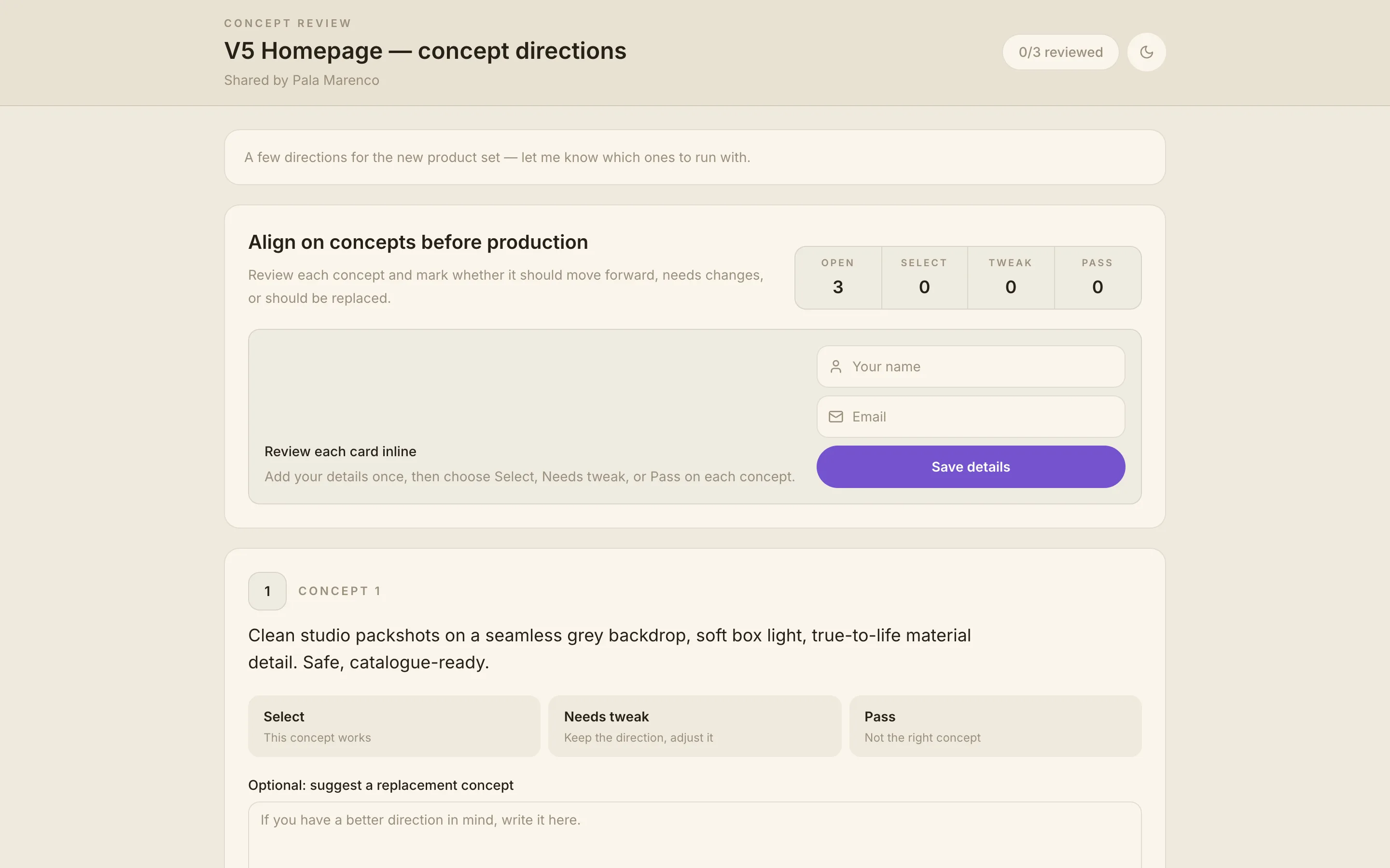 dezygn Concept Review: three text-first directions for the client to choose from