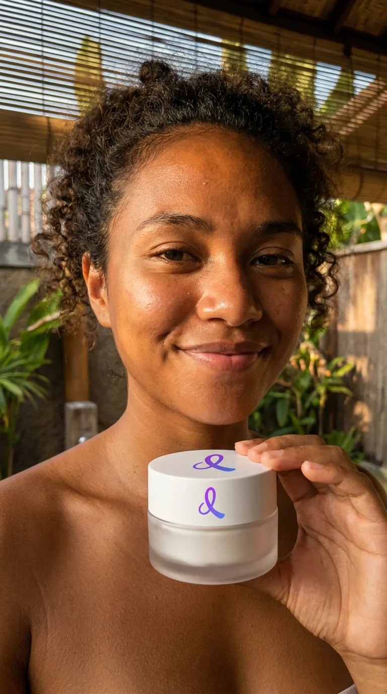 A lifestyle photo with a person and the face cream jar, made in dezygn