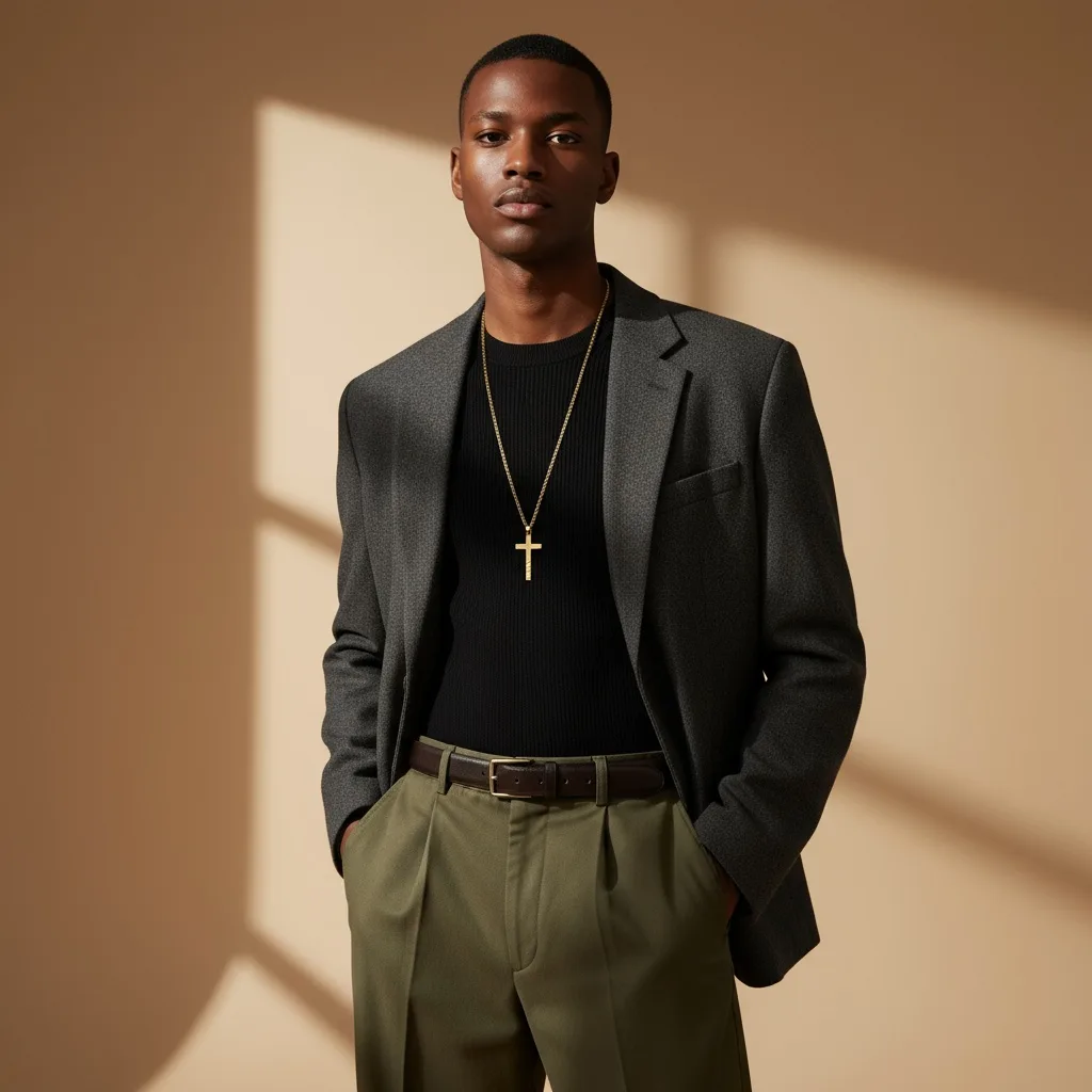 A lifestyle photo with a person and the gold cross pendant, made in dezygn