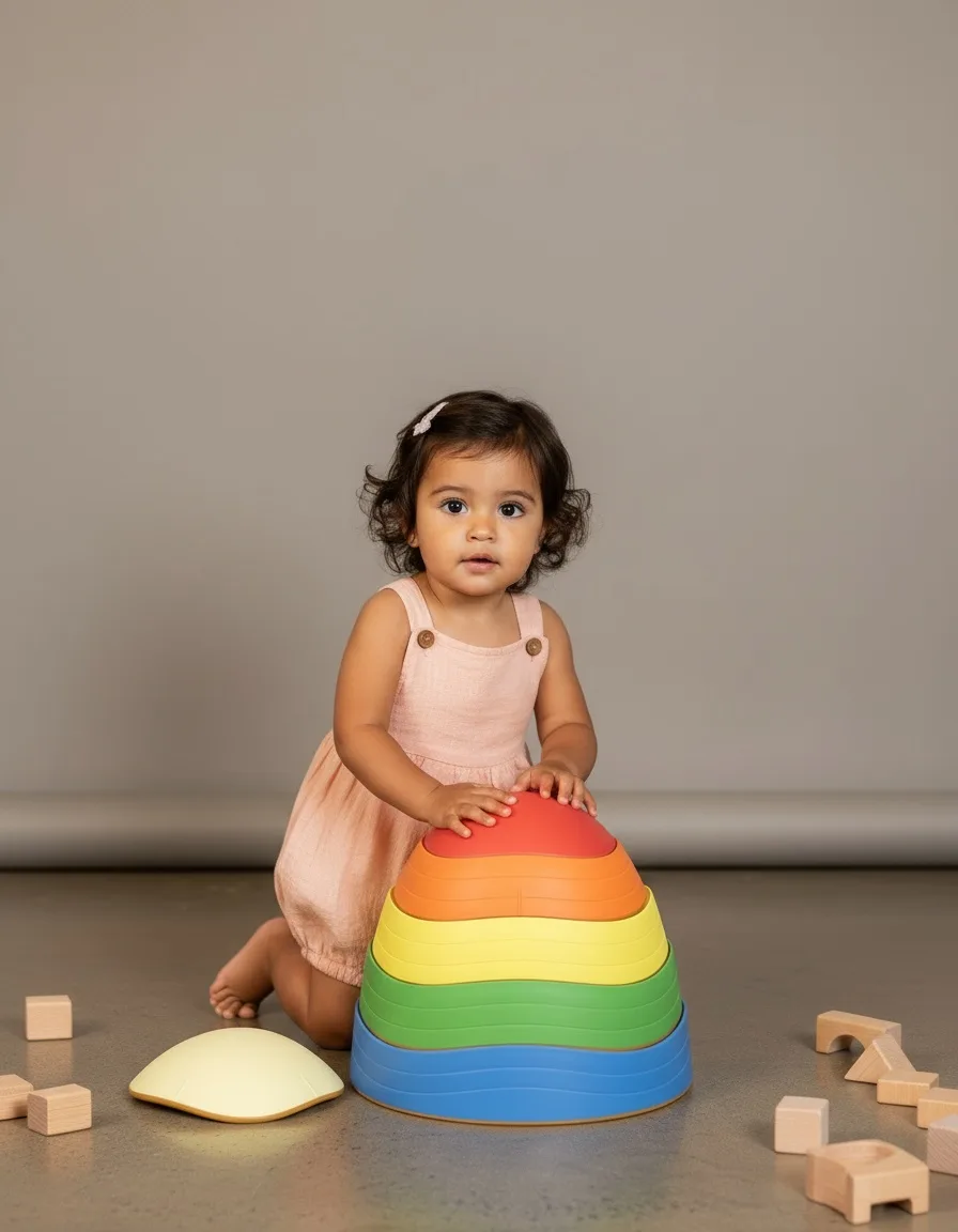 A lifestyle photo with a person and the rainbow stacking toy, made in dezygn