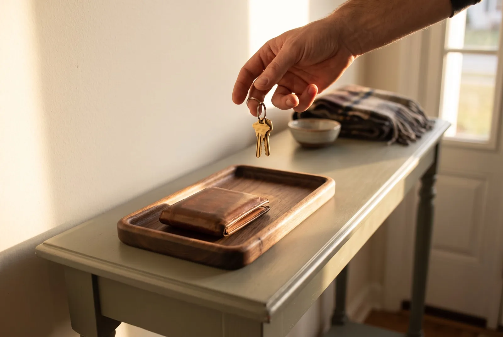 Walnut tray, by the door