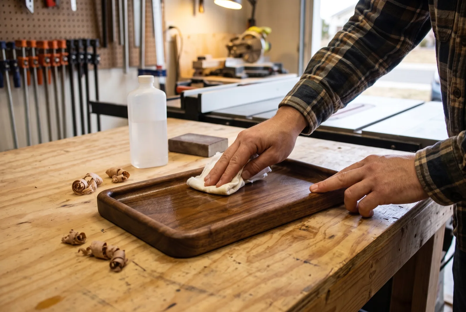 Walnut tray, in the workshop